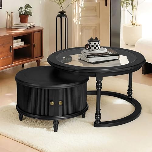 Nesting Coffee Table for Living Room, Round Tempered Glass Solid Wood Nest Coffee Tables with Storage, Retro Small Accent Center Table for Small Space Apartment (31.5''D×18''H-Balck) - color: A-black