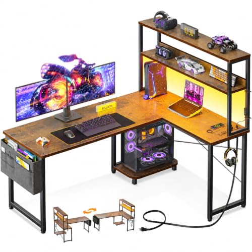 ODK 53" L Shaped Gaming Desk with Shelves, LED & Outlets, Vintage | Headset hook. Storage bag. Shelves for stationery & accessories. LED for late-night gaming. Reversible. Fits dual monitors. - color: Vintage, size: 53 Inch