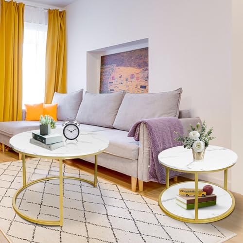 AT-VALY Coffee Table Set of 2 Nesting Tables,Round Side Table for Living Room, Small Accent Table with Storage (Gold) - color: Gold, size: 25.5Inch