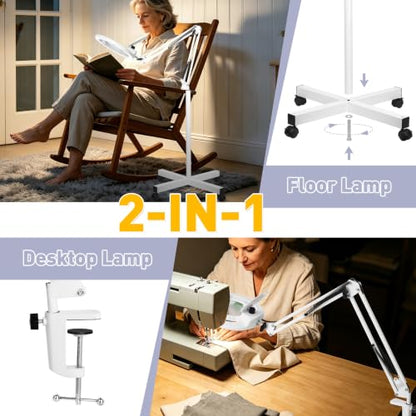 롤링 휠 베이스가 있는 2200 루멘 에스테티션 돋보기 | 12X 진짜 유리, 144 밝은 LED, 무단 조도 조절 가능, 얼굴 속눈썹 스파 독서 공예 바느질용 돋보기 포함 스탠딩 매그 램프 - color: 화이트.
