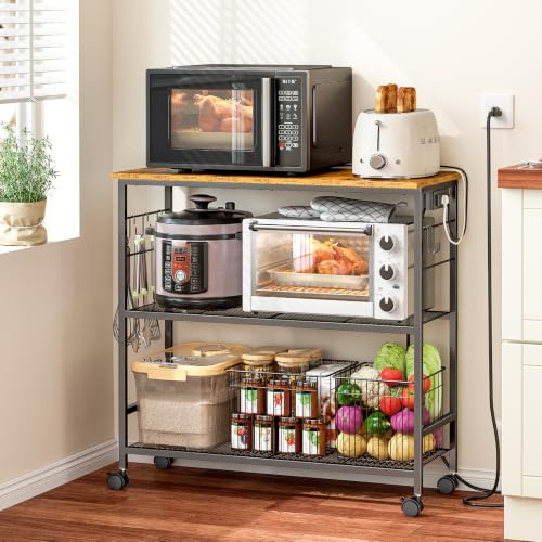 3 Tier Rolling Kitchen Microwave Cart with Power Outlet, 33 Inch Microwave Table Stand with Adjustable Shelf, Kitchen Storage Island Utility Cart Bakers Rack Coffee Bar for Living Room, Office - color: Brown, size: Standard with Power Outlet
