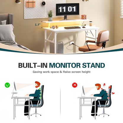 DlandHome 39" Computer Desk with Power Outlets & LED Lights, White, Bedroom | Folding Desk with Monitor Stand, Writing Study Table Gaming Desk, Metal Frame, Fully Assembled, Home Office Small Spaces - color: White + White, size: 39 Inches + Outlets