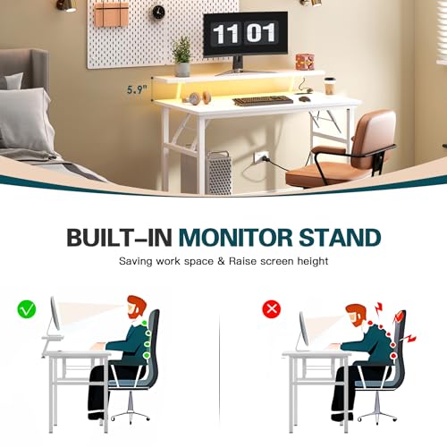 DlandHome 47" Computer Desk with Power Outlets & LED Lights, White, Bedroom | Folding Desk with Monitor Stand, Writing Study Table Gaming Desk, Metal Frame, Fully Assembled, Home Office Small Spaces - color: White + White, size: 47 Inches + Outlets