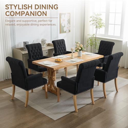 WUTUTUEE Fabric Dining Chair with Arms, Upholstered Tufted High Back Dining Room Chairs, Accent Armchair with Solid Wood Leg and Nailhead Trim, Kitchen Dining Living Room, Black - color: Black, size: 1 PC