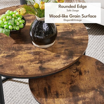 Yaheetech Small Round Nesting Coffee & Side Table Set of 2, Rustic Brown | Space-Saving Nesting Design, Engineered Wood Tops on Black Metal Frames, Use Apart as End Tables, Easy Assembly, 99 lb Max - color: Rustic Brown