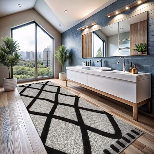 Modern Runner Rug 2x7 Luxury Diamond Pattern Micro Loop Hallway Rugs Soft High-Low Pile Stain Resistant Easy to Clean Non-Shedding Durable Entryway Kitchen Indoor Area Carpet (Black/White) - color: Bold / Black, size: 2' x 7' (Rectangular)