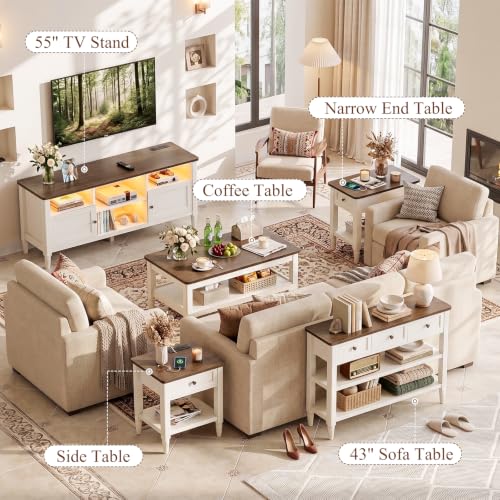 55" Farmhouse TV Stand with LED Lights & AC/USB Outlets | Rustic White Entertainment Center for TVs up to 65 Inch, Media Console Table with Storage Cabinets for Living Room Bedroom - color: Rustic White + Cracked Oak