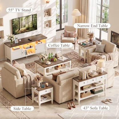 55" Farmhouse TV Stand with LED Lights & AC/USB Outlets | Rustic White Entertainment Center for TVs up to 65 Inch, Media Console Table with Storage Cabinets for Living Room Bedroom - color: Rustic White + Cracked Oak