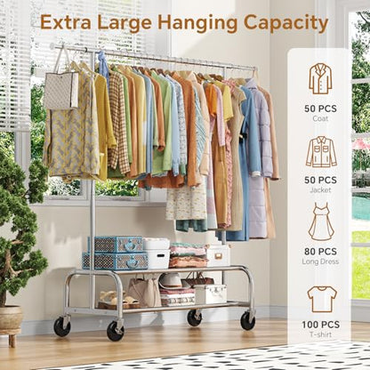 Simple Trending Heavy Duty Clothes Rack, Garment Rack with Extendable Side Rods & Bottom Shelves, 25mm Metal Clothing Rack with Wheels, Bedroom, Laundry Room, Silver - size: 18"D x 60.5"W x 67.25"H