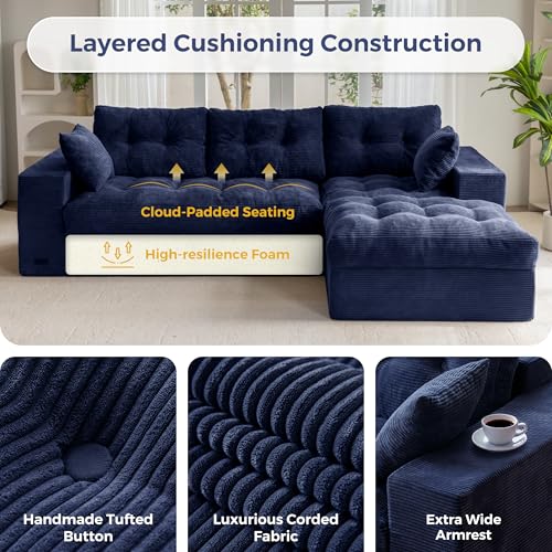 MAXYOYO Boneless Couch, 104-Inch L-Shaped Cloud Couch with Ottoman | Navy Upholstered Sofa Features Layered Cushions and Flexible Modules with No Assembly, Ideal for Modern Living Rooms. - color: Navy, size: 104" L Shape