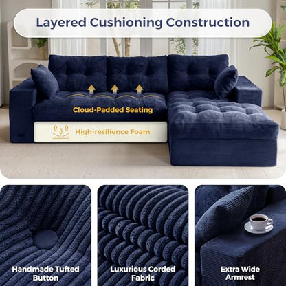 MAXYOYO Boneless Couch, 104-Inch L-Shaped Cloud Couch with Ottoman | Navy Upholstered Sofa Features Layered Cushions and Flexible Modules with No Assembly, Ideal for Modern Living Rooms. - color: Navy, size: 104" L Shape