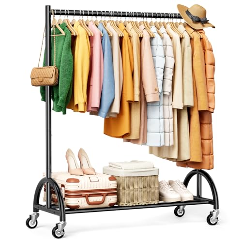 Heavy Duty Clothing Racks for Hanging Clothes Heavy Duty Clothes Rack Rolling Garment Rack with Wheels Freestanding Closet Racks, 210 LBS Load Capacity for Coats, Garment, Dress, Shirt, Black