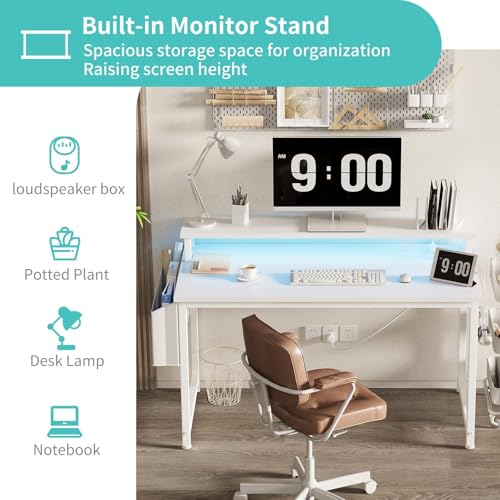 Lufeiya White Computer Desk with LED Lights and Power Outlets, 40 Inch Home Office Desks with Monitor Stand, Teen Writing Study Table Gaming Desk with Charging Station, White - color: White, size: 39.4"