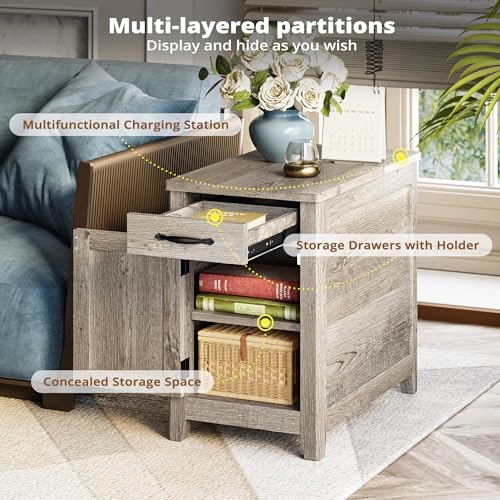 IRONCK End Table with Charging Station, Narrow Side Table, Beige Maple | Bedside table. Farmhouse nightstand with drawer, cabinet, flip-top, and cup holder, wood grain, for home - color: Beige Maple