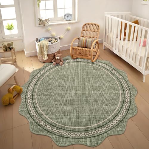 GarveeHome Scalloped Washable Small Round Rug 3ft Non-Slip Soft, Green | Boho Ultra-Thin Circle Low Pile Stain Resistant Carpet for Bedroom Entryway Kitchen Laundry Bathroom - color: Green, size: 3' (Round)
