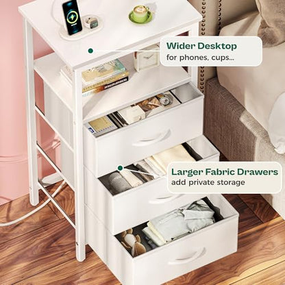 Huuger Night Stand with Charger Station and LED Lights, 3 Drawer Nightstand | Bed Side Table with Open ShelfEnd TableTall Fabric Dresser for Bedroom, PU Leather, White - color: White, size: 11.8"D x 15.7"W x 27.6"H（3 Drawers）
