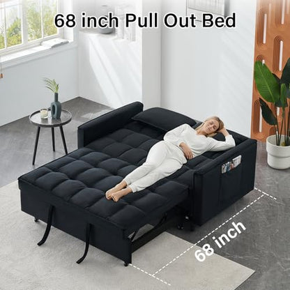 3 in 1 Convertible Sleeper Sofa Bed, Velvet Loveseat Futon Pull-Out Couch with Adjustable Reclining Backrest, Side Pockets and Pillows for Living Room, Bedroom, Apartment, Small Spaces (Black-Velvet) - color: Black-velvet
