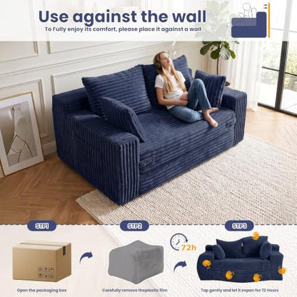 3-in-1 Convertible Sofa Bed: Boneless Loveseat Sleeper & Folding Couch Bed with 4 Pillows & Detachable Cushion,Furry Futon Couch for Bedroom,Apartment,Office and Living Room, No Assembly,Blue - color: Blue, size: Loveseat Sofa