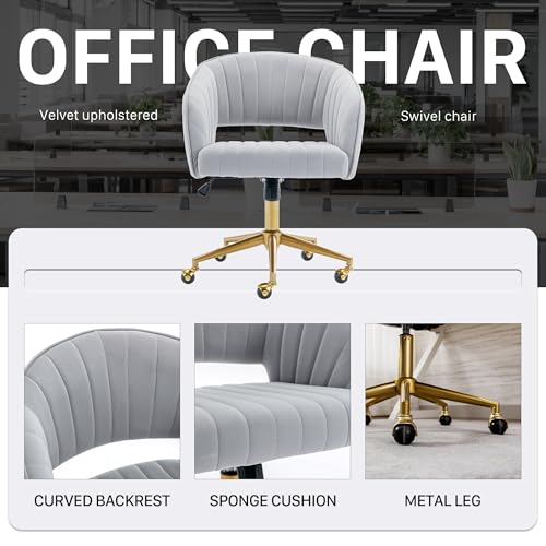 Vanity Chair Velvet Desk Chair with Gold Base for Living Room,Gray | Accent Armchair Upholstered Modern Tufted Chairs for Girls Women Ergonomic Study Seat Computer Task Stools for Bedroom - color: Light Gray