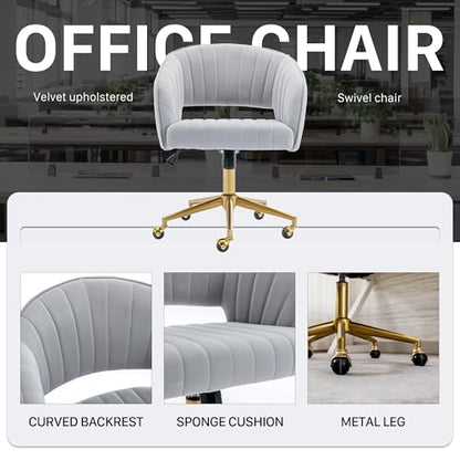 Vanity Chair Velvet Desk Chair with Gold Base for Living Room,Gray | Accent Armchair Upholstered Modern Tufted Chairs for Girls Women Ergonomic Study Seat Computer Task Stools for Bedroom - color: Light Gray