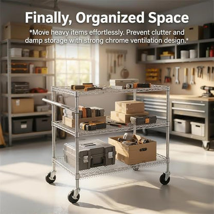 Finnhomy 3 Tier Heavy Duty Commercial Grade Utility Cart, Wire Rolling Cart with Handle Bar, Steel Service Cart with Wheels, Kitchen Carts on Wheels, Metal Cart Shelf Size 24" D x 36" W, NSF, Chrome - size: 36"L x 24"W x 35.4"H-3 Tier, style: Chrome Cart