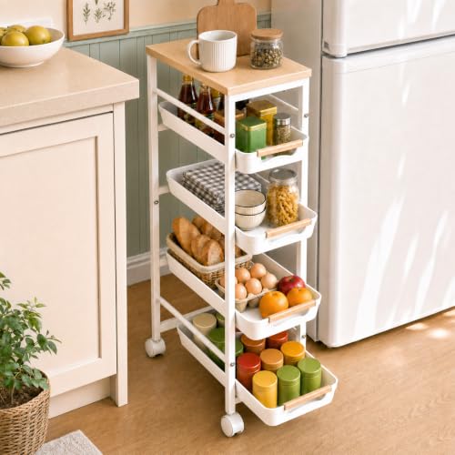 Pipishell Slim Storage Cart with Drawers & Lockable Wheels, 5 Tier Kitchen Cart with Safety Stops & Vented Design, Wood Top, Narrow Rolling cart for Kitchen, Bathroom, Laundry Room, White - color: White, size: 7.9”W x 14.6”D x 33.5”H