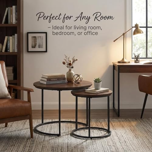Round Nesting Coffee Table Set of 2, Stacking Minimalist End Table | Modern Marble Pattern Wooden Nesting Tables for Living Room Bedroom Small Space, Black Leg+Brown top - color: Black Leg+brown Top