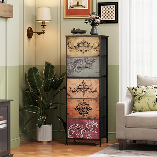 WLIVE Tall Dresser for Bedroom, 5 Drawer Dresser, Pattern | 5 vertical fabric drawers, Tall vertical design, Bedroom or closet use, Dresser for small spaces, Chest of drawers - color: Pattern