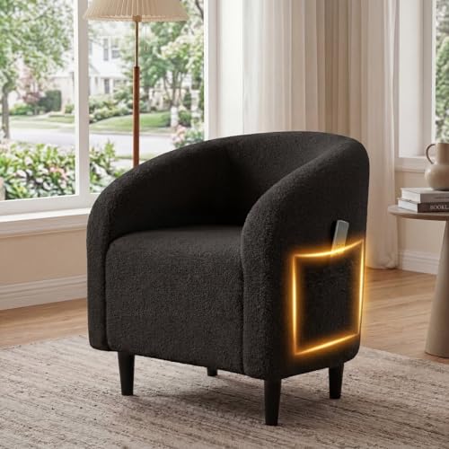 TLSUNNY Accent Chair, Upholstered Comfy Teddy Fabric Barrel Chair | Modern Furry Barrel Chair with a Side Pocket, Club Armchair for Living Room/Bedroom/Reception Room - color: Black