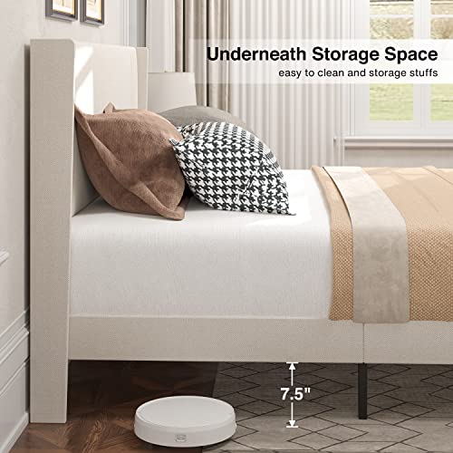 Gizoon Queen Bed Frame with Wingback Headboard, Upholstered Platform Bed | Bed Frame with Padded Headboard,Wooden Slats, Noise-Free, No Box Spring Needed, Easy Assembly,Beige - color: Beige, size: Queen