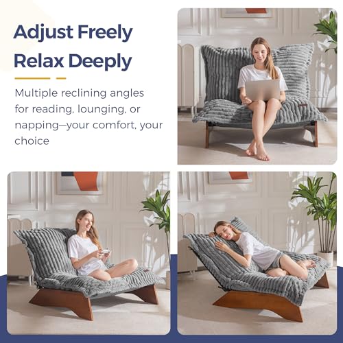 MAXYOYO Adjustable Living Room Chair, 3-Position Bean Bag Chair with Frame | Upholstered Accent Chair with Frame, Removable Cushion, Soft Reclining Lounge for Bedroom, Apartment, Office, Grey - color: Striped Cross Grey