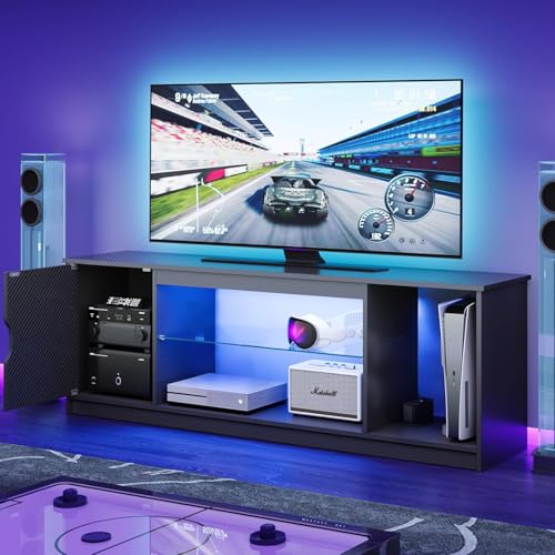 Bestier 57 Inch LED TV Stand for 55-65 Inch TVs, Gaming Center, Black | LED Lighting, RGB Effects, PS5/Xbox Storage, Adjustable Glass Shelves, Cable Management, Modern Black Design - color: Black Carbon Fiber