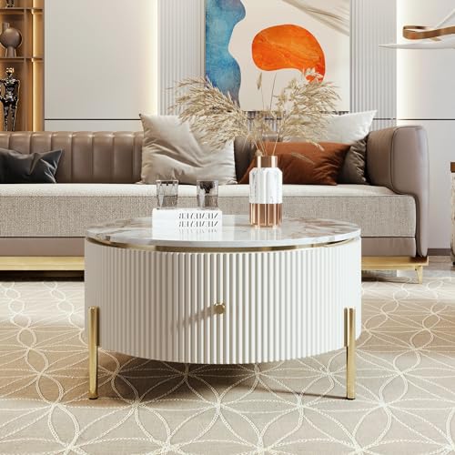 Modern Round Coffee Table with 2 Large Drawers Storage Accent Table(31.5'') - color: Off White