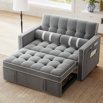 Marsail 3-in-1 Convertible Futon Sleeper Sofa Bed, Pull Out Couch with Adjustable Backrest, USB Charging & Side Pockets, Velvet Fabric Sofa for Living Room, Apartment, Loveseat, Grey - color: Grey