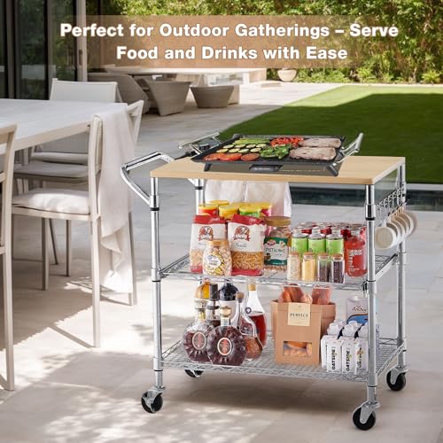 3 Tier Rolling Kitchen Cart with Wood Tabletop, Kitchen Island Carts with Wheels & Slider Shelf, Microwave Cart on Wheels, Coffee Cart with Hooks, 35.4" L*18.1" W*31.9" H，Wood+Chrome - size: 35.4"L*18.1"W*31.9"H with Slider Shelf