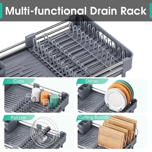 TOOLF Expandable Dish Drying Rack with Cutlery Holder, Standard, Grey | Over or In Sink Stainless Steel Dish Drainers for Compact Kitchen, Space Saving, Fast Drain, Rustproof, For 1-3 people - color: Gray