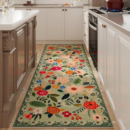 Rugcomf Runner Rug for Hallways Kitchen Rug Non Slip 2'x 6' Washable Rugs with Rubber Backing Soft Floral Carpet Runner for Hallways, Kitchen, Laundry, Bedroom, Bathroom(Green) - color: Green, size: 2' x 6' (Rectangular)