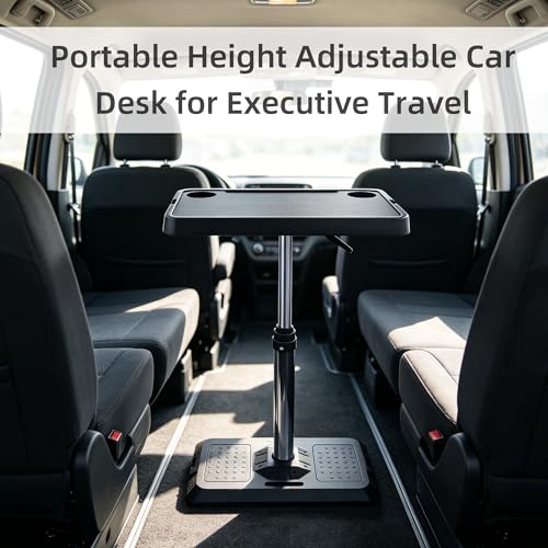 Portable Car Laptop Desk, Pneumatic Height & Angle Adjustable Vehicle Table Tray, 360 Degree Rotatable Travel Desk for Front Rear Passenger Seat, Ideal for Work, Dining, Camping and Home Use