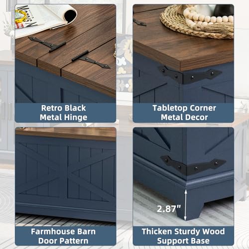 Joaxswe Farmhouse Coffee Table with Hidden Storage Organizer, Modern Square Large Center Table, Wood Farm House Low Navy Blue Living Room Tables with Hinged Lift Top for Home, Office - color: Blue, style: With Legs