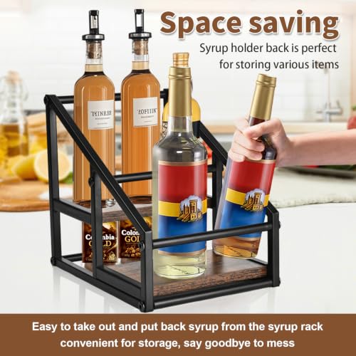 YQBRAO 2-Tier Coffee Syrup Organizer, 4-Bottle Rack, Rustic Brown | Holds 4 bottles in a narrow two-tier footprint for small counters, coffee corners, apartments, and bar carts. - size: 2 Tier 4 Bottle Syrup Rack - 1 Pack