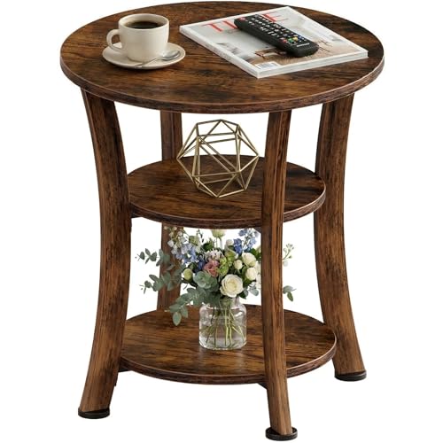 Round End Table 3 Tier Side Table, Small Space Nightstand | 19.7 inch Circle Coffee Accent Table, Outdoor Side Tables for Bedroom, Couch, Patio, Garden, Vintage Rustic (Brown) - color: Rustic Brown