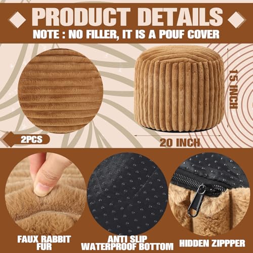 Teenyyou 2 Pcs Unstuffed Pouf Ottoman Cover Brown, 20 x 15 in No Filler | Soft Faux Fur Ribbed Texture, Floor Footrest for Living Room Bedroom, Bean Bag Seating Storage, Empty Cover No Insert - color: Brown, size: 20 x 15 In