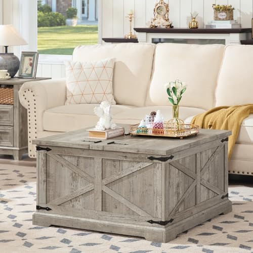 Joaxswe Farmhouse Coffee Table with Large Hidden Storage Compartment, Light Oak Square Center Table, Wood Rustic Low Modern Living Room Tables with Hinged Lift Brown Top & Wooden Arc Base - color: Light Oak, style: With Base