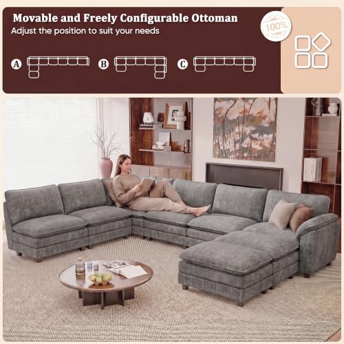 JUMMICO 232" Oversized Sectional Couch, Modular Cloud Sofa, Light Grey | Comfy Chenille, 2 Movable Ottoman, Deep Seat, Double Layer Cushion, 6 Seat, High-Density Foam, for Living Room - color: Light Grey, size: Oversized Sofa