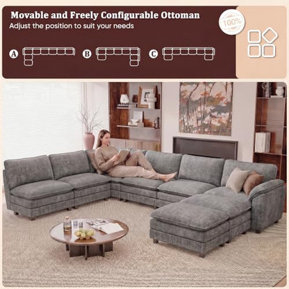 JUMMICO 232" Oversized Sectional Couch, Modular Cloud Sofa, Light Grey | Comfy Chenille, 2 Movable Ottoman, Deep Seat, Double Layer Cushion, 6 Seat, High-Density Foam, for Living Room - color: Light Grey, size: Oversized Sofa