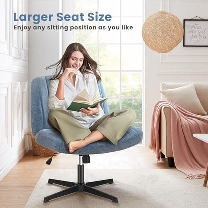 DUMOS Criss Cross Chair No Wheels Legged Office Wide Comfy Desk Vanity Chair, Armless Computer Task Seating, Swivel Home Height Adjustable for Bedroom, Study, Fabric, Blue No Wheel - color: Blue No Wheel