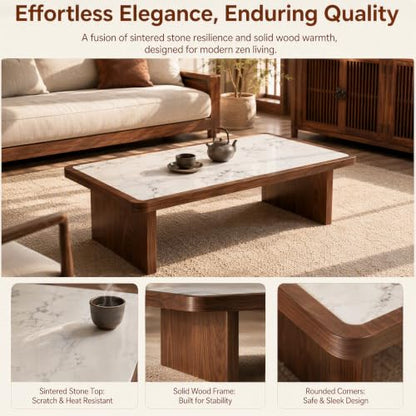 47.24" Solid Wood Coffee Table with Sintered Stone Top, Mid-Century Modern Design, Walnut Living Room Tea Center Table - color: Style 5: White Walnut