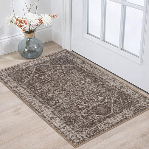 KOZYFLY Small Area Rug 2x3 Ft Rugs for Entryway Washable Boho Entry Rug Non Slip Door Mat Indoor Entrance Faux Wool Vintage Printed Kitchen Rug Throw Rugs for Entrance Kitchen, Brown - color: Brown, size: 2' x 3' (Rectangular)