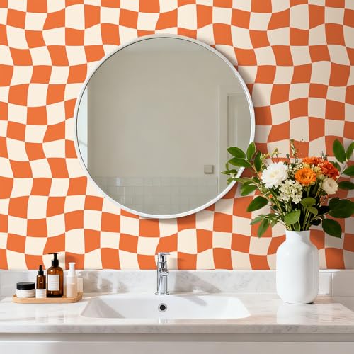 Retro Checkered Wallpaper Peel and Stick Burnt Orange Beige Pink Checkered Contact Paper Waterproof 70s Groovy Mid Century Modern Geometric Wallpaper MCM Wavy Checkerboard Desk Wrap 17.5x80 - size: 17.5" x 80"