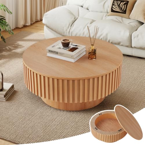 31.5'' Round Coffee Table with Storage, Modern Wooden Fluted Circle Coffee Table Oak Unique Drum Center Table Wood Circular Tea Table for Living Room, Office, Small Apartment, Natural Wood - color: Storage Natural Wood, size: 31.49 inch